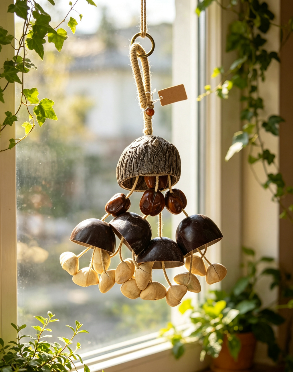 Handmade Natural Seed Pod Wind Chime | Dual-Use Home Decor & Backpack Charm, Pure Nut Shell Craft with Calming Melodic Sound 